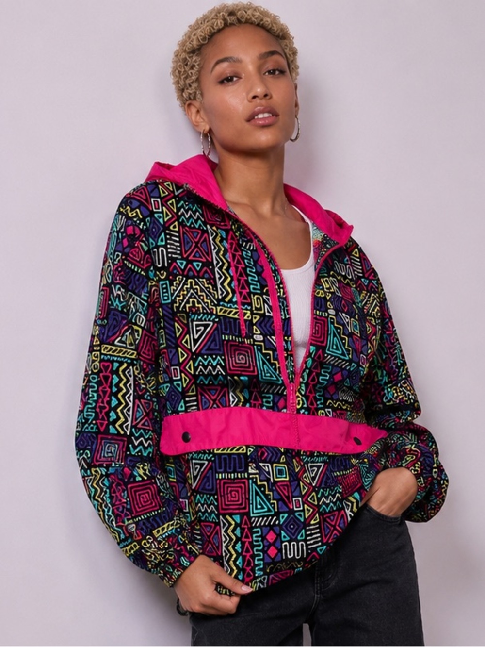 Black Jack 1999 USA Neon Geometric Hooded Windbreaker Jacket M 90s Y2K
